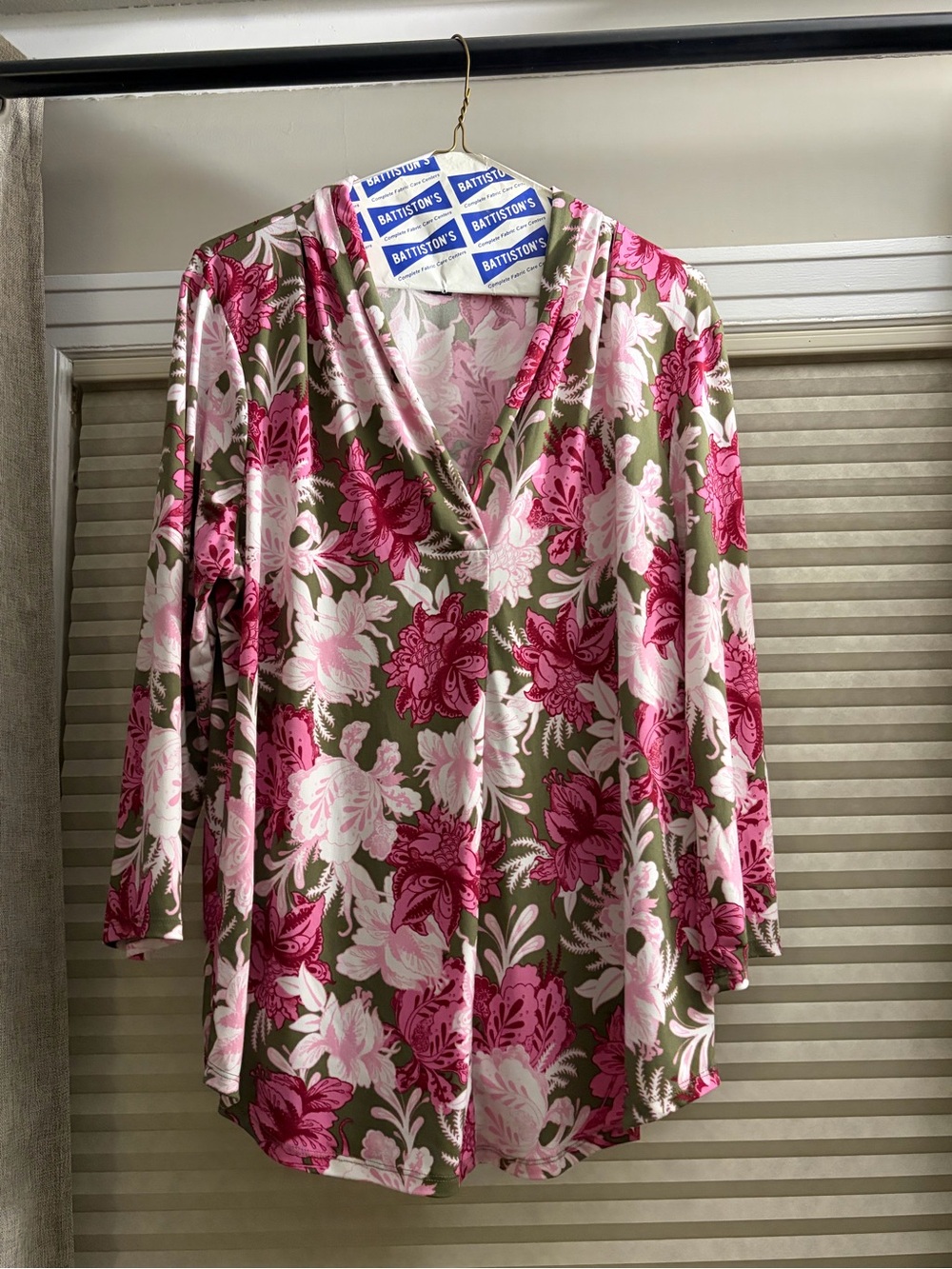 JM Collection Olive Green V-Neck Blouse with Pink Floral Print